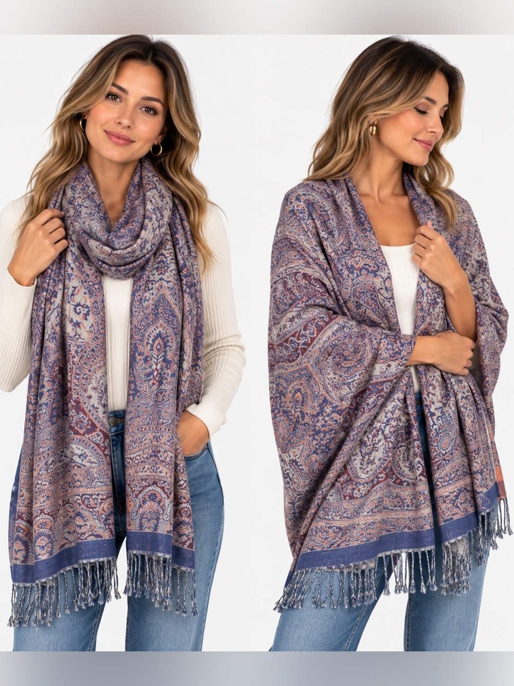 Elegant Paisley Fringe scarf wrap in Lavender and Blue